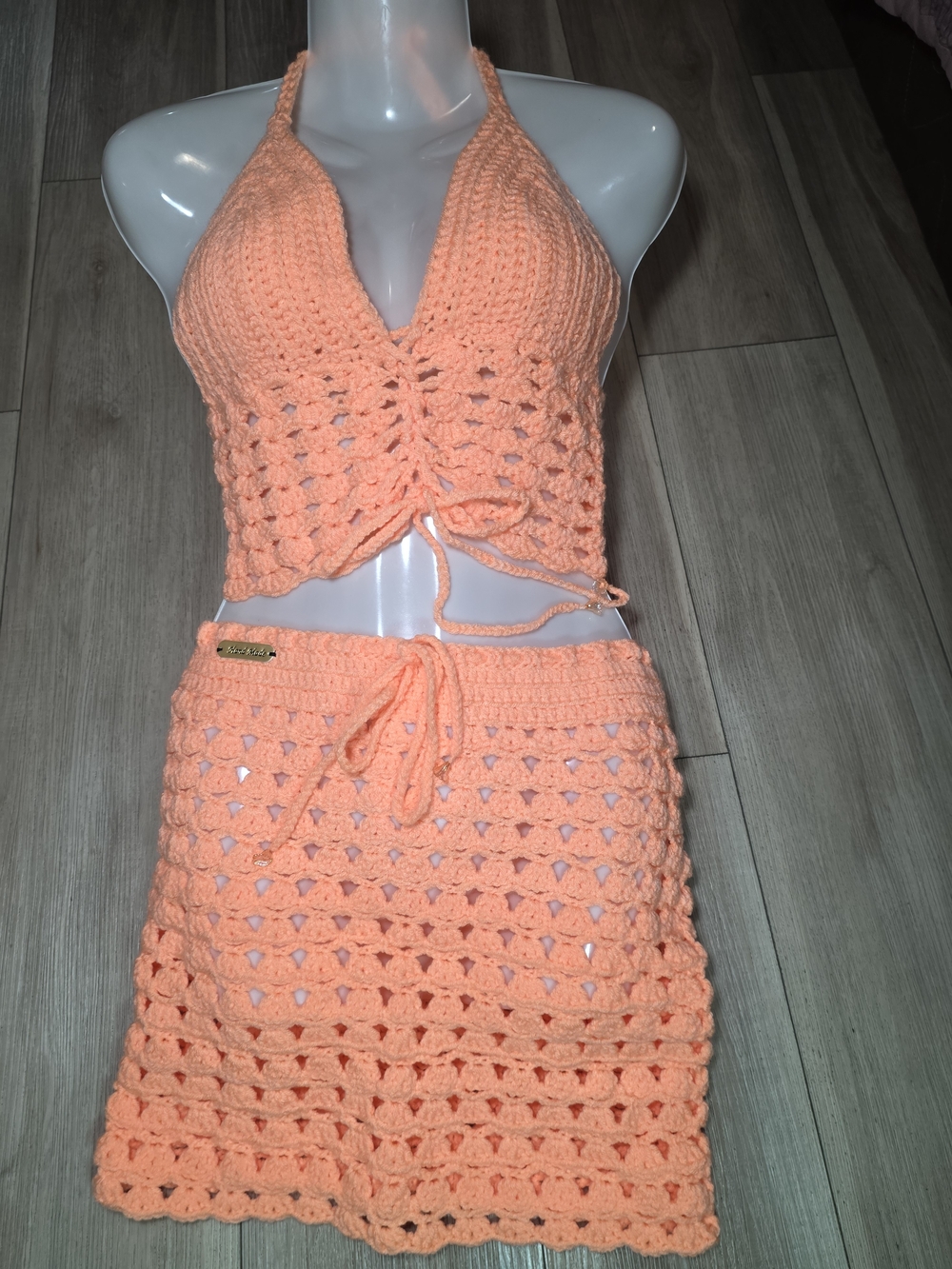 Peach Crochet Drawstring Mini Skirt - Handmade